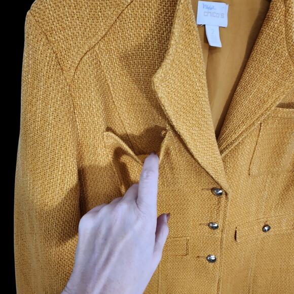CHICO'S WOMEN DRESS JACKET LONG LINE TWEED TEXTURED MUSTARD CAREER WORKWEAR 2 LG - Picture 7 of 8